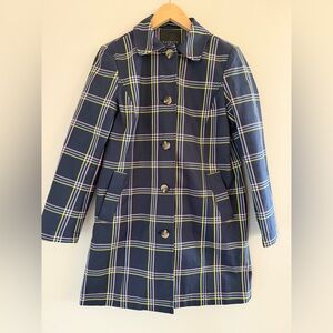 Talbots Womens Petite Blue Plaid Timeless Classic Preppy Raincoat Trench Jacket
